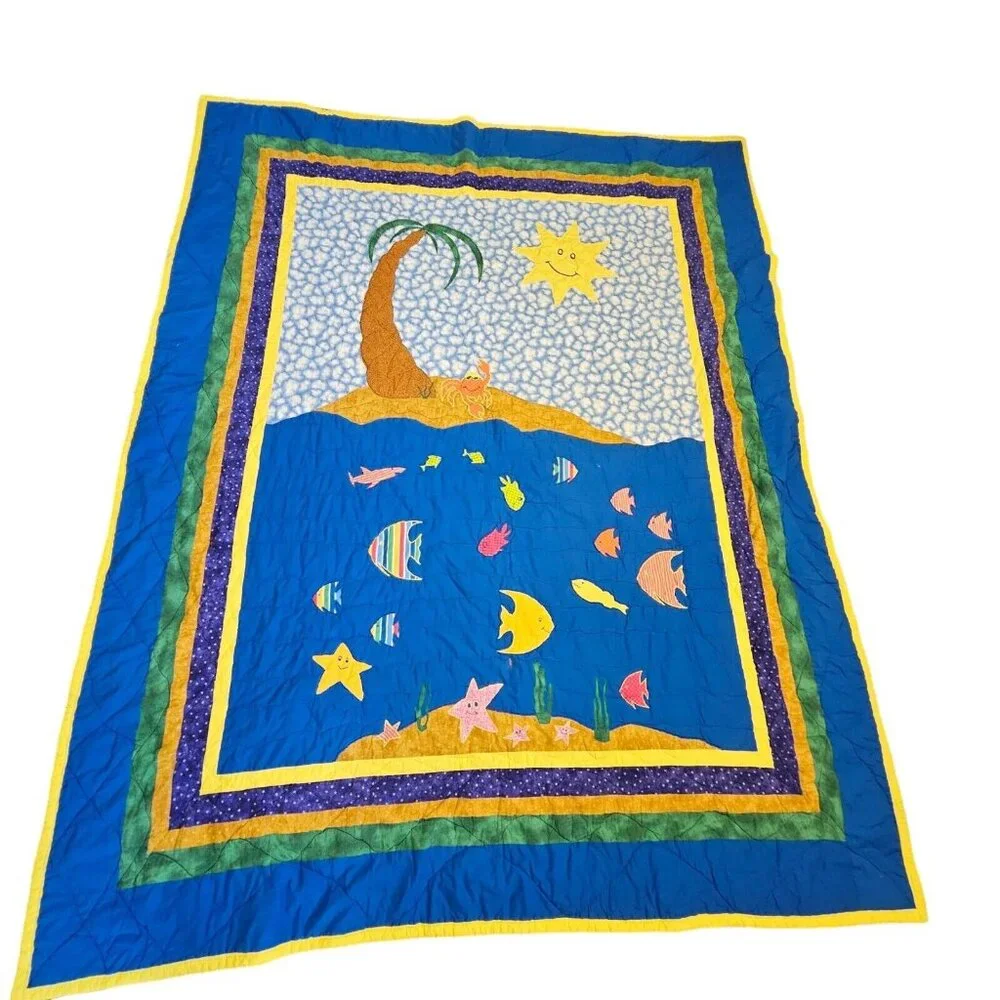 90s Beach Themed Tropical Kids Quilt Ocean Fish Appliques Full Size Under‎ Sea